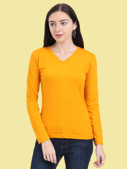 Women's Cotton Plain V Neck Full Sleeve Mustard Yellow Color T-Shirt
