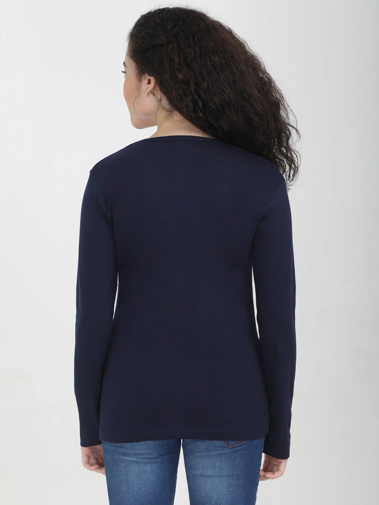 Women's Cotton Plain V Neck Full Sleeve Navy Blue Color T-Shirt