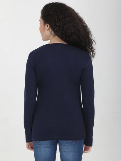 Women's Cotton Plain V Neck Full Sleeve Navy Blue Color T-Shirt