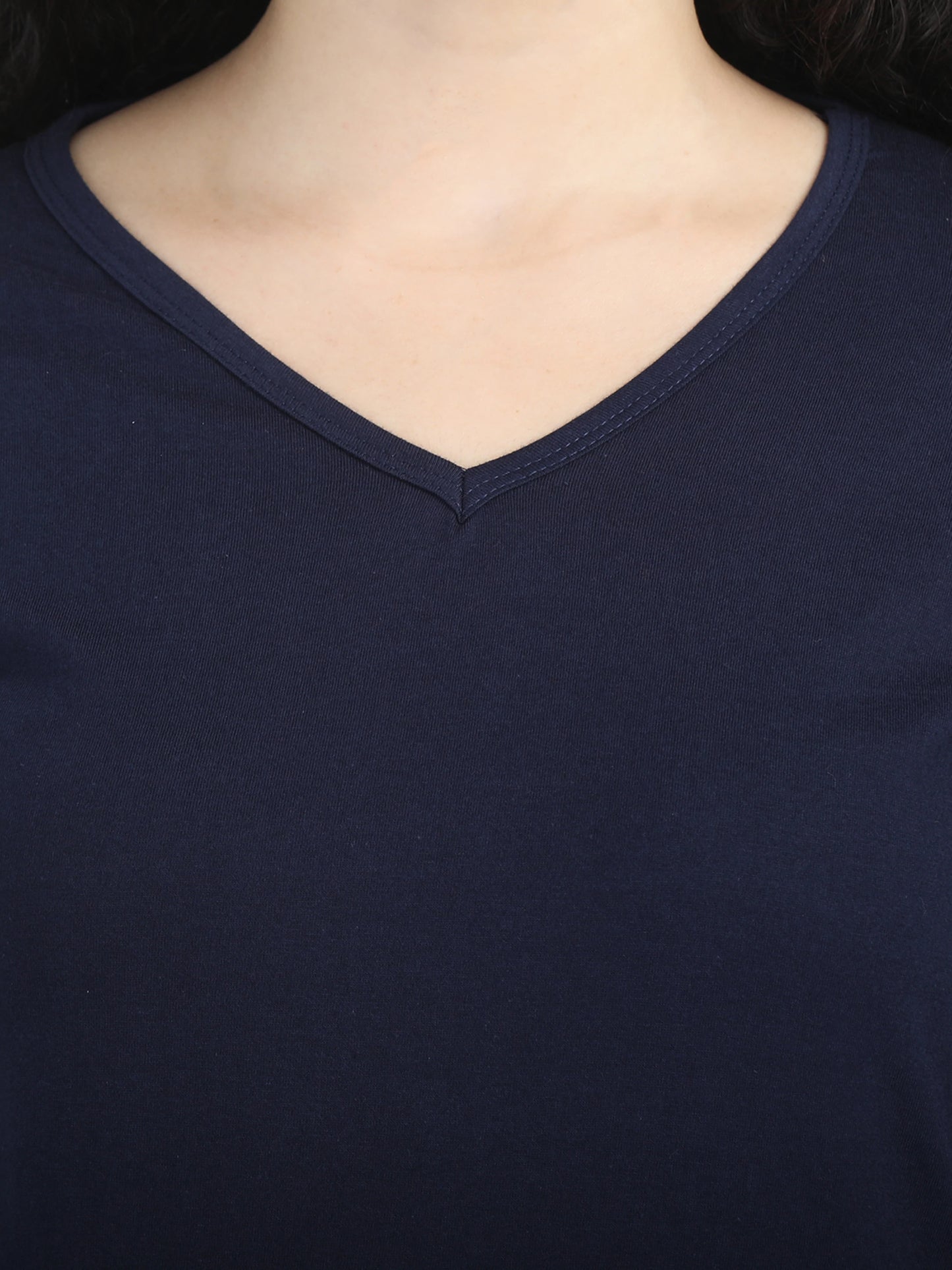Women's Cotton Plain V Neck Full Sleeve Navy Blue Color T-Shirt