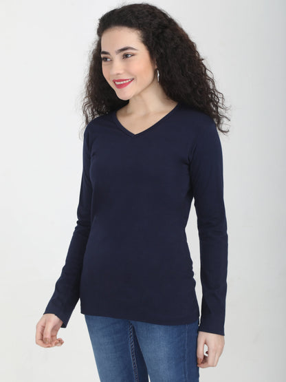 Women's Cotton Plain V Neck Full Sleeve Navy Blue Color T-Shirt
