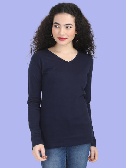 Women's Cotton Plain V Neck Full Sleeve Navy Blue Color T-Shirt