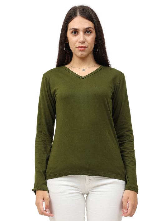 Women's Cotton Plain V Neck Full Sleeve Olive Green Color T-Shirt