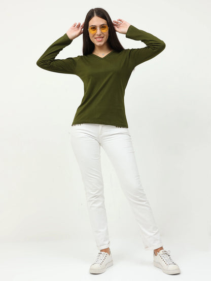 Women's Cotton Plain V Neck Full Sleeve Olive Green Color T-Shirt