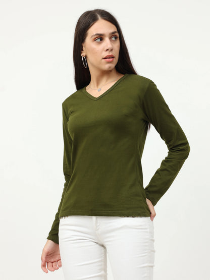Women's Cotton Plain V Neck Full Sleeve Olive Green Color T-Shirt