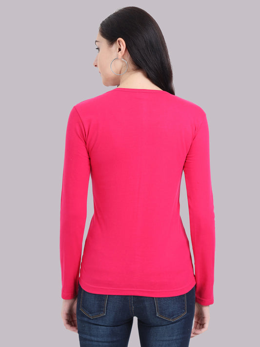 Women's Cotton Plain V Neck Full Sleeve Pink Color T-Shirt