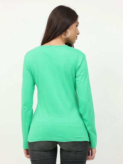 Women's Cotton Plain V Neck Full Sleeve Pista Green Color T-Shirt
