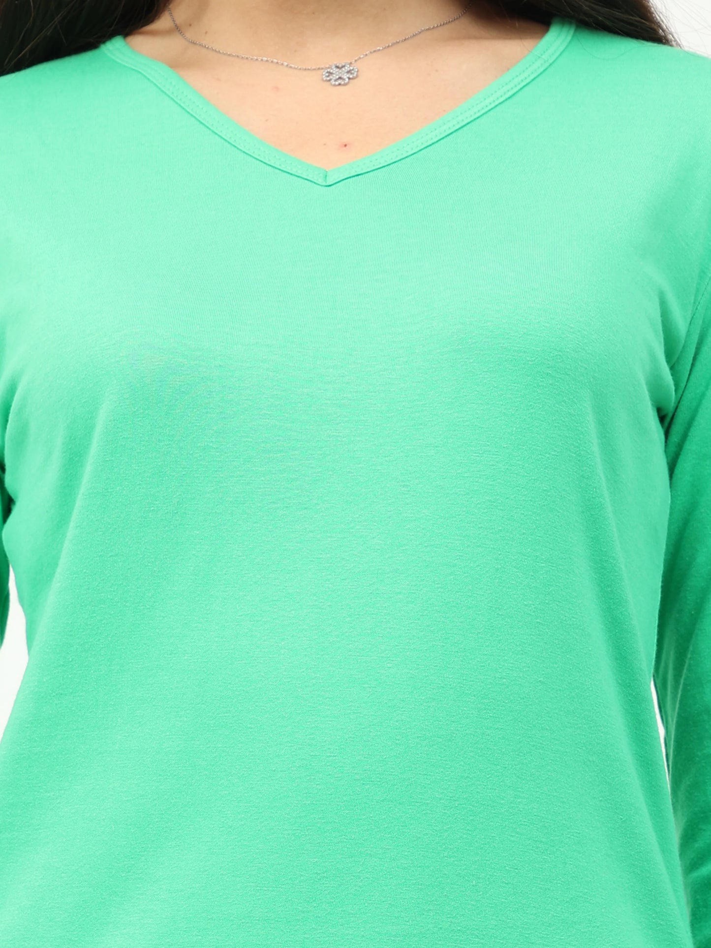 Women's Cotton Plain V Neck Full Sleeve Pista Green Color T-Shirt