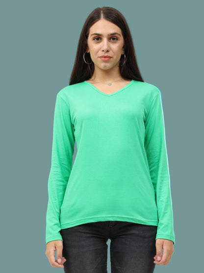 Women's Cotton Plain V Neck Full Sleeve Pista Green Color T-Shirt