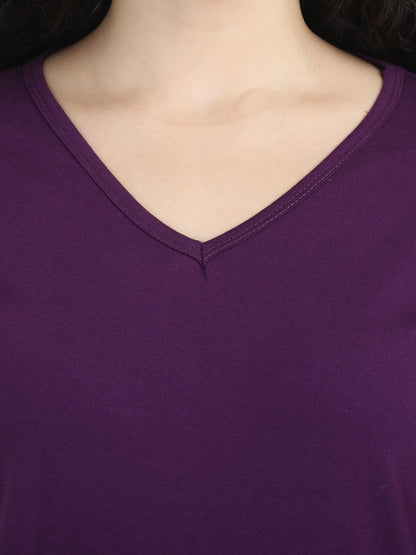 Women's Cotton Plain V Neck Full Sleeve Purple Color T-Shirt