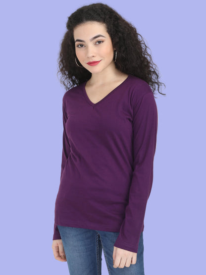Women's Cotton Plain V Neck Full Sleeve Purple Color T-Shirt