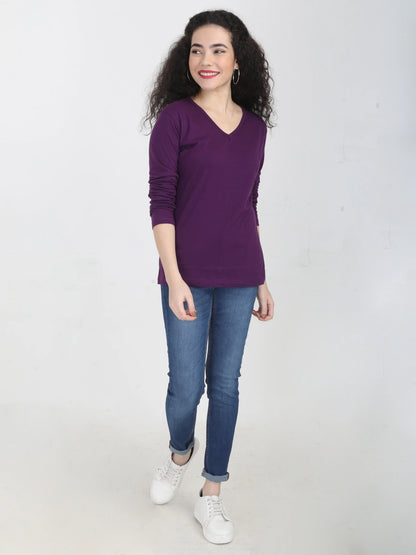 Women's Cotton Plain V Neck Full Sleeve Purple Color T-Shirt