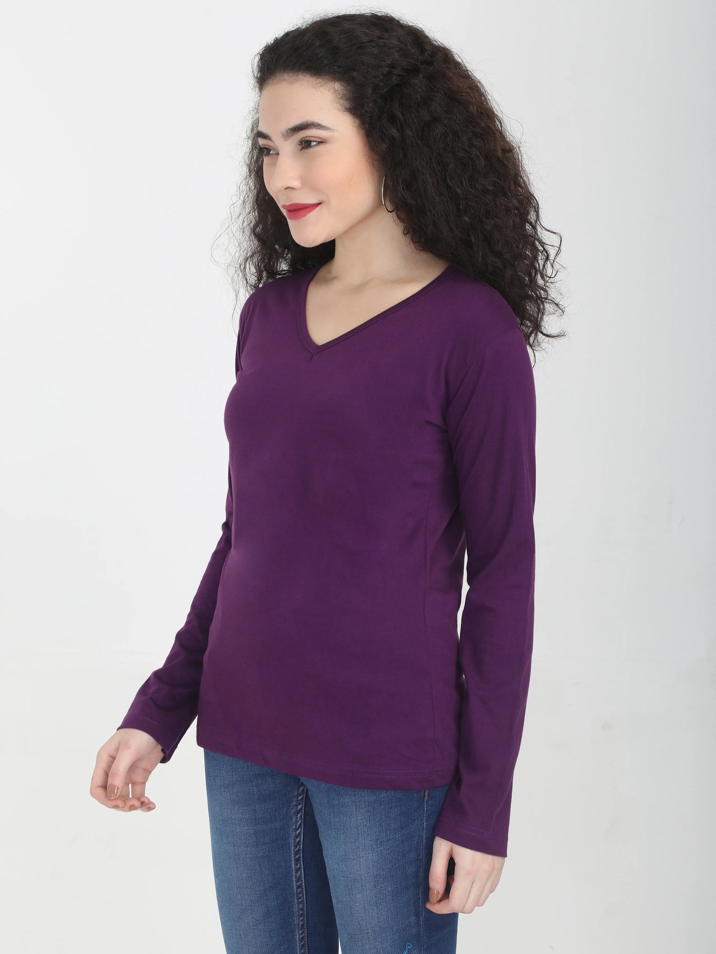 Women's Cotton Plain V Neck Full Sleeve Purple Color T-Shirt