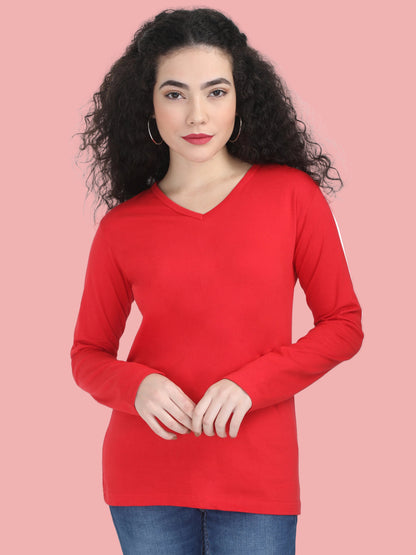 Women's Cotton Plain V Neck Full Sleeve Red Color T-Shirt