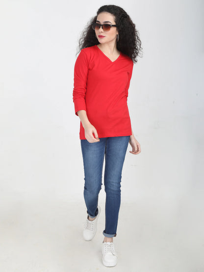 Women's Cotton Plain V Neck Full Sleeve Red Color T-Shirt