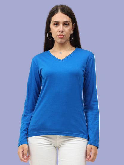 Women's Cotton Plain V Neck Full Sleeve Royal Blue Color T-Shirt