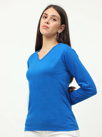Women's Cotton Plain V Neck Full Sleeve Royal Blue Color T-Shirt