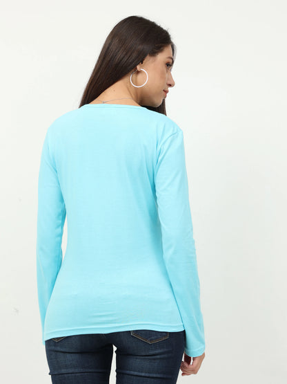 Women's Cotton Plain V Neck Full Sleeve Sky Blue Color T-Shirt