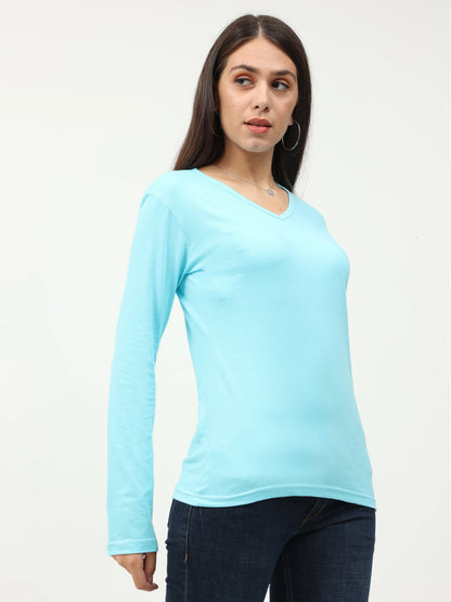 Women's Cotton Plain V Neck Full Sleeve Sky Blue Color T-Shirt