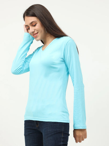 Women's Cotton Plain V Neck Full Sleeve Sky Blue Color T-Shirt