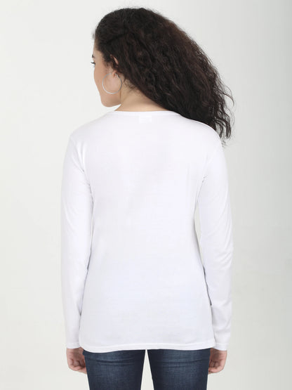 Women's Cotton Plain V Neck Full Sleeve White Color T-Shirt