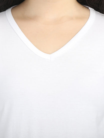 Women's Cotton Plain V Neck Full Sleeve White Color T-Shirt