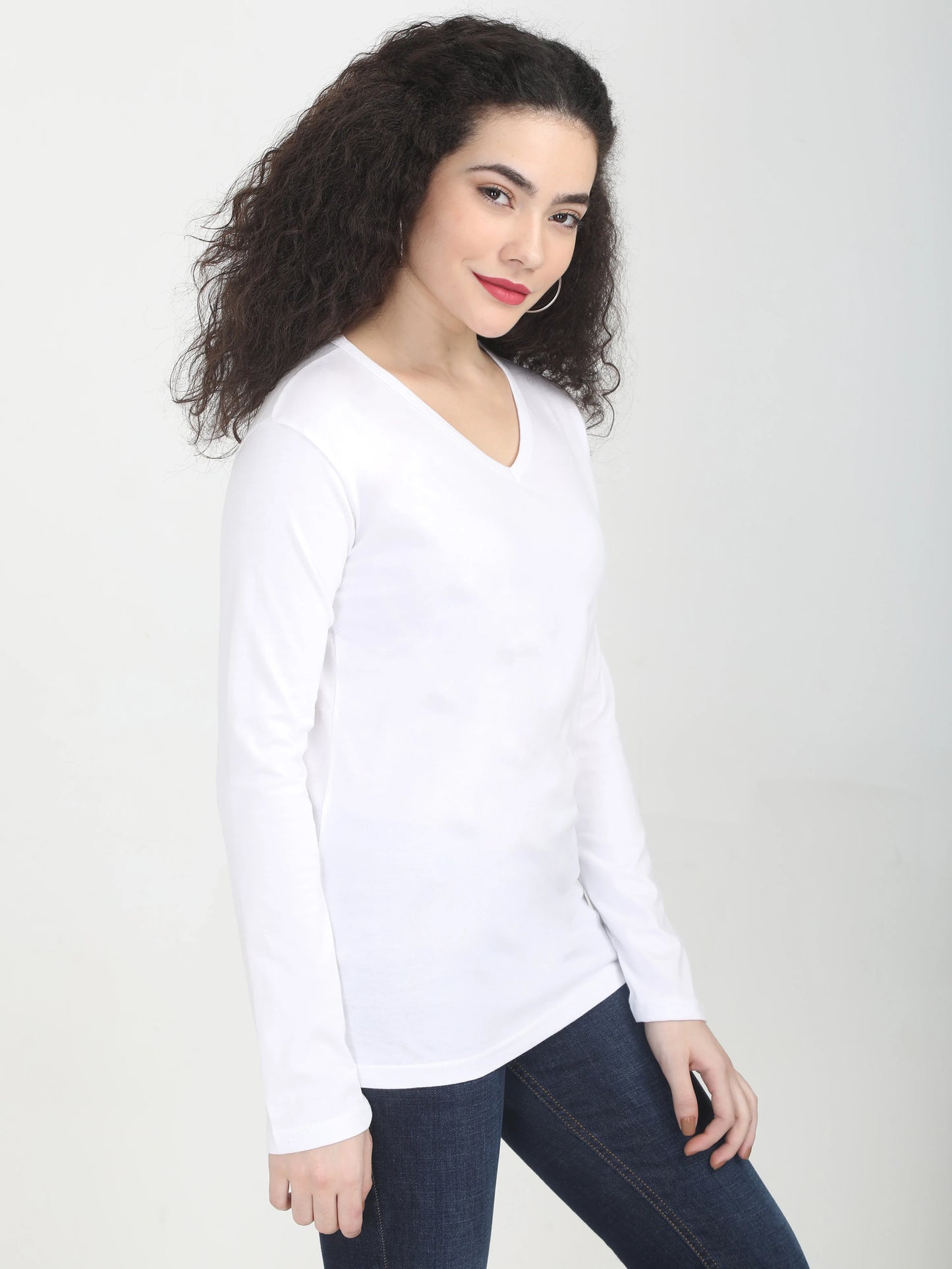 Women's Cotton Plain V Neck Full Sleeve White Color T-Shirt