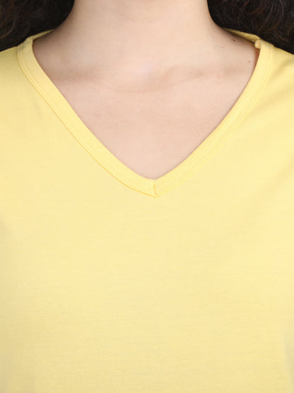 Women's Cotton Plain V Neck Full Sleeve Yellow Color T-Shirt