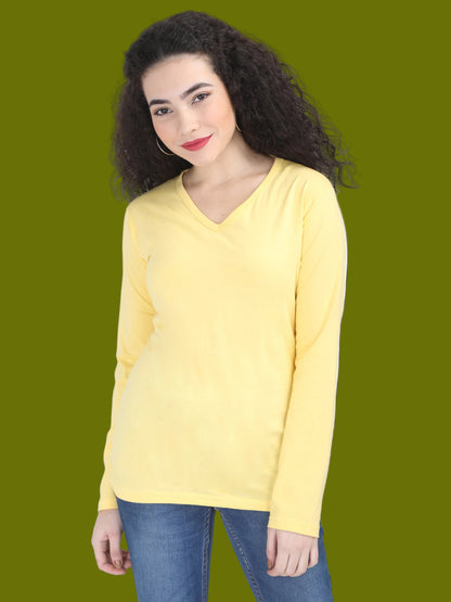 Women's Cotton Plain V Neck Full Sleeve Yellow Color T-Shirt
