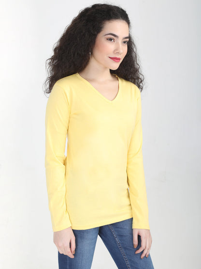 Women's Cotton Plain V Neck Full Sleeve Yellow Color T-Shirt