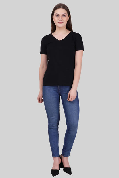 Fleximaa Women's Cotton Plain V Neck Half Sleeve T-Shirt - fleximaa-so