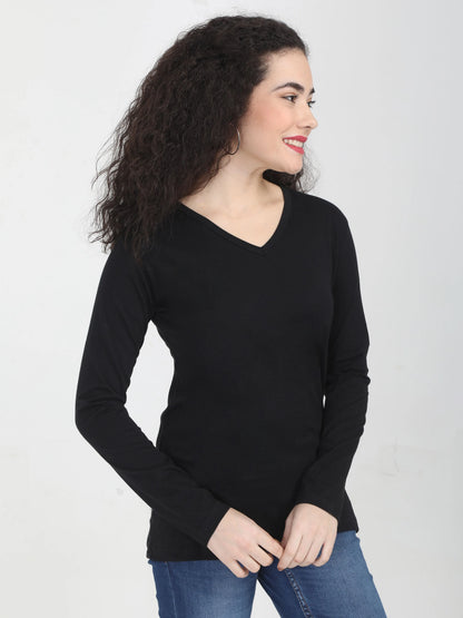 Fleximaa Women's Cotton Plain V Neck Full Sleeve T-Shirt - fleximaa-so