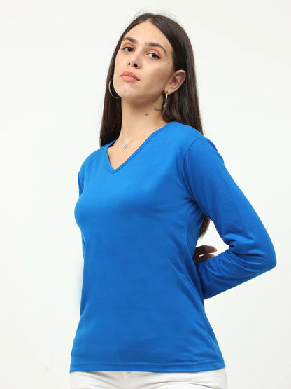 Fleximaa Women's Cotton Plain V Neck Full Sleeve T-Shirt-2 - fleximaa-so