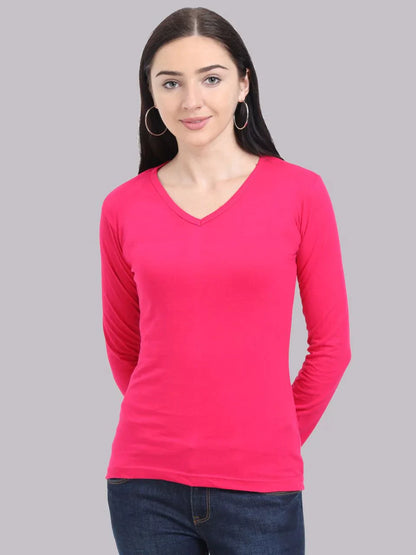 Fleximaa Women's Cotton Plain V Neck Full Sleeve T-Shirt (Pack of 2) - Fleximaa