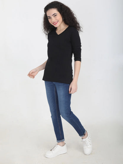 Fleximaa Women's Cotton Plain V Neck Full Sleeve T-Shirt - fleximaa-so