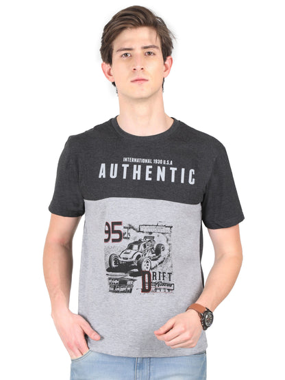 Men's Cotton Round Neck Printed Color Block Half Sleeve T-Shirt