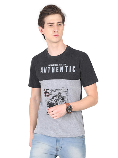 Men's Cotton Round Neck Printed Color Block Half Sleeve T-Shirt