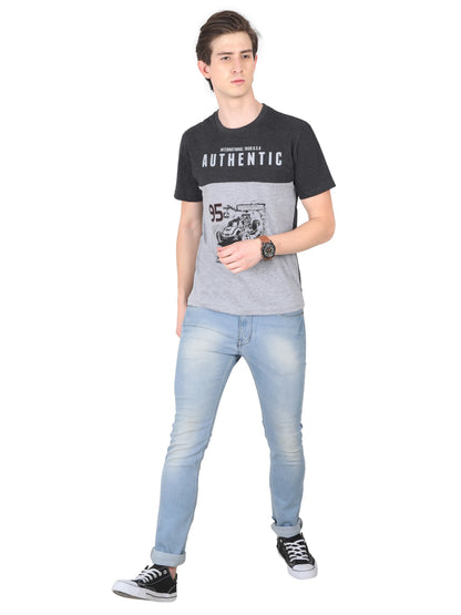 Men's Cotton Round Neck Printed Color Block Half Sleeve T-Shirt