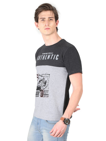 Men's Cotton Round Neck Printed Color Block Half Sleeve T-Shirt