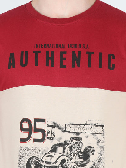 Men's Cotton Round Neck Printed Color Block Half Sleeve T-Shirt