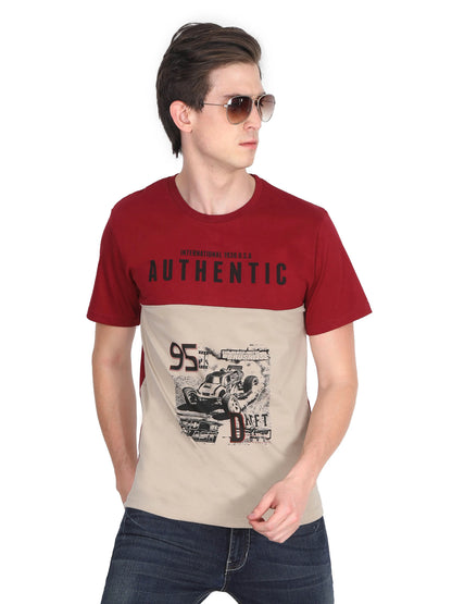Men's Cotton Round Neck Printed Color Block Half Sleeve T-Shirt
