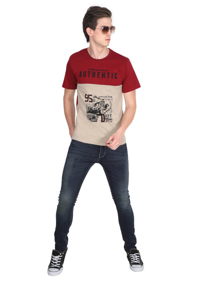 Men's Cotton Round Neck Printed Color Block Half Sleeve T-Shirt