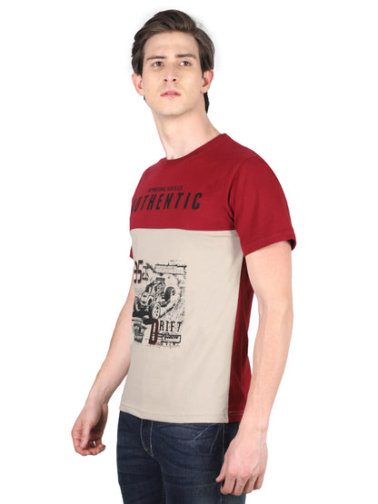 Men's Cotton Round Neck Printed Color Block Half Sleeve T-Shirt