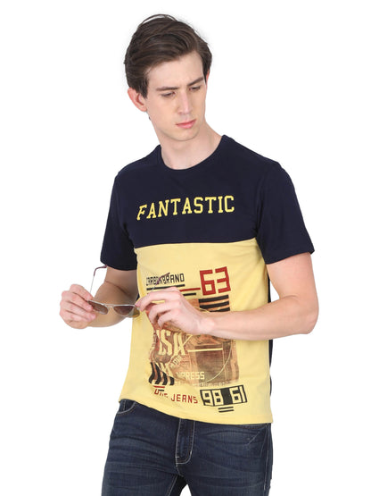 Men's Cotton Round Neck Printed Color Block Half Sleeve T-Shirt