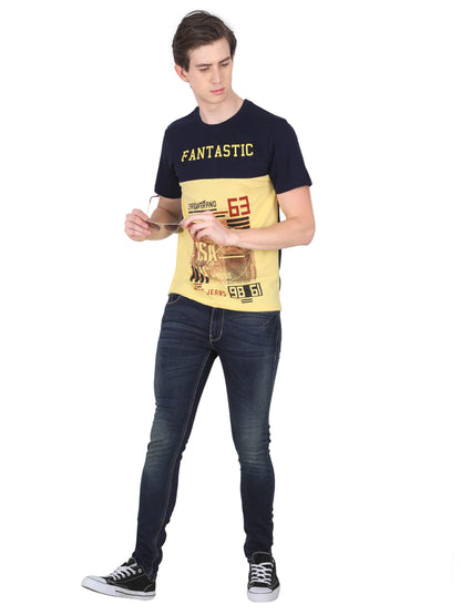 Men's Cotton Round Neck Printed Color Block Half Sleeve T-Shirt