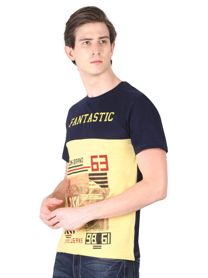 Men's Cotton Round Neck Printed Color Block Half Sleeve T-Shirt