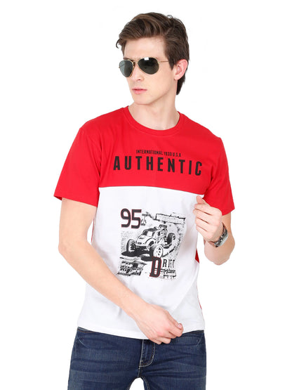 Men's Cotton Round Neck Printed Color Block Half Sleeve T-Shirt