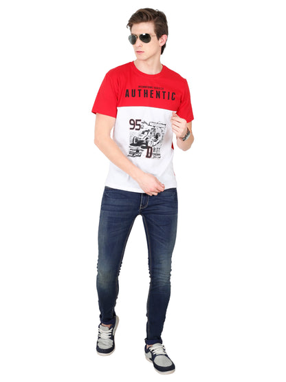 Men's Cotton Round Neck Printed Color Block Half Sleeve T-Shirt