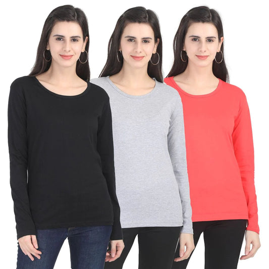 Fleximaa Women's Cotton Plain Round Neck Full Sleeve T-Shirt (Pack of 3) - Fleximaa