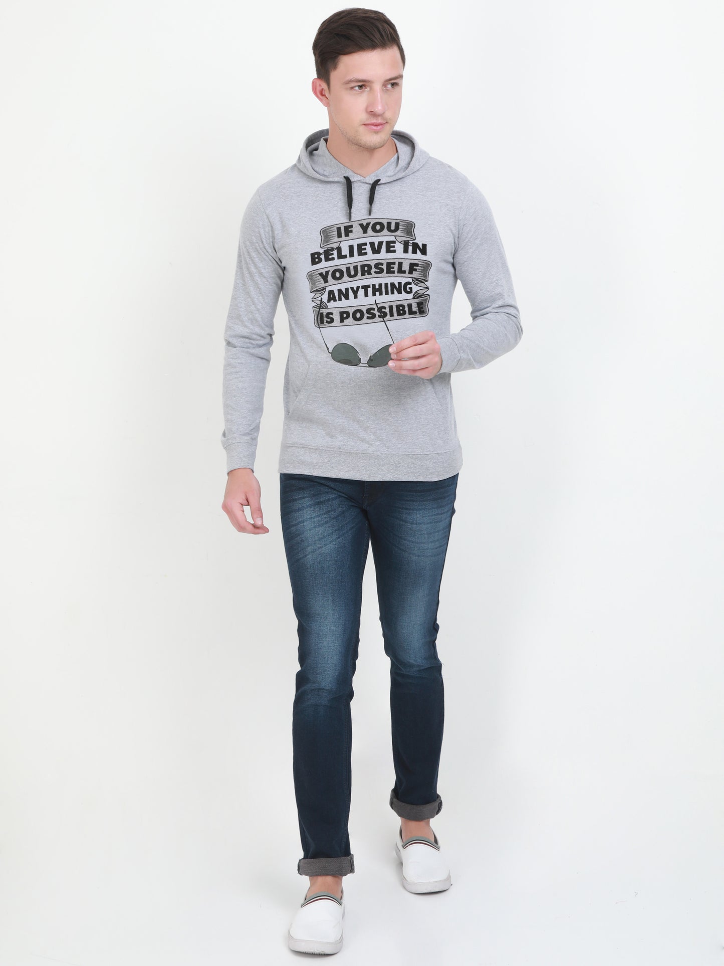 Men's Cotton Full Sleeve Printed Grey Melange Color Hoodies/Sweatshirts